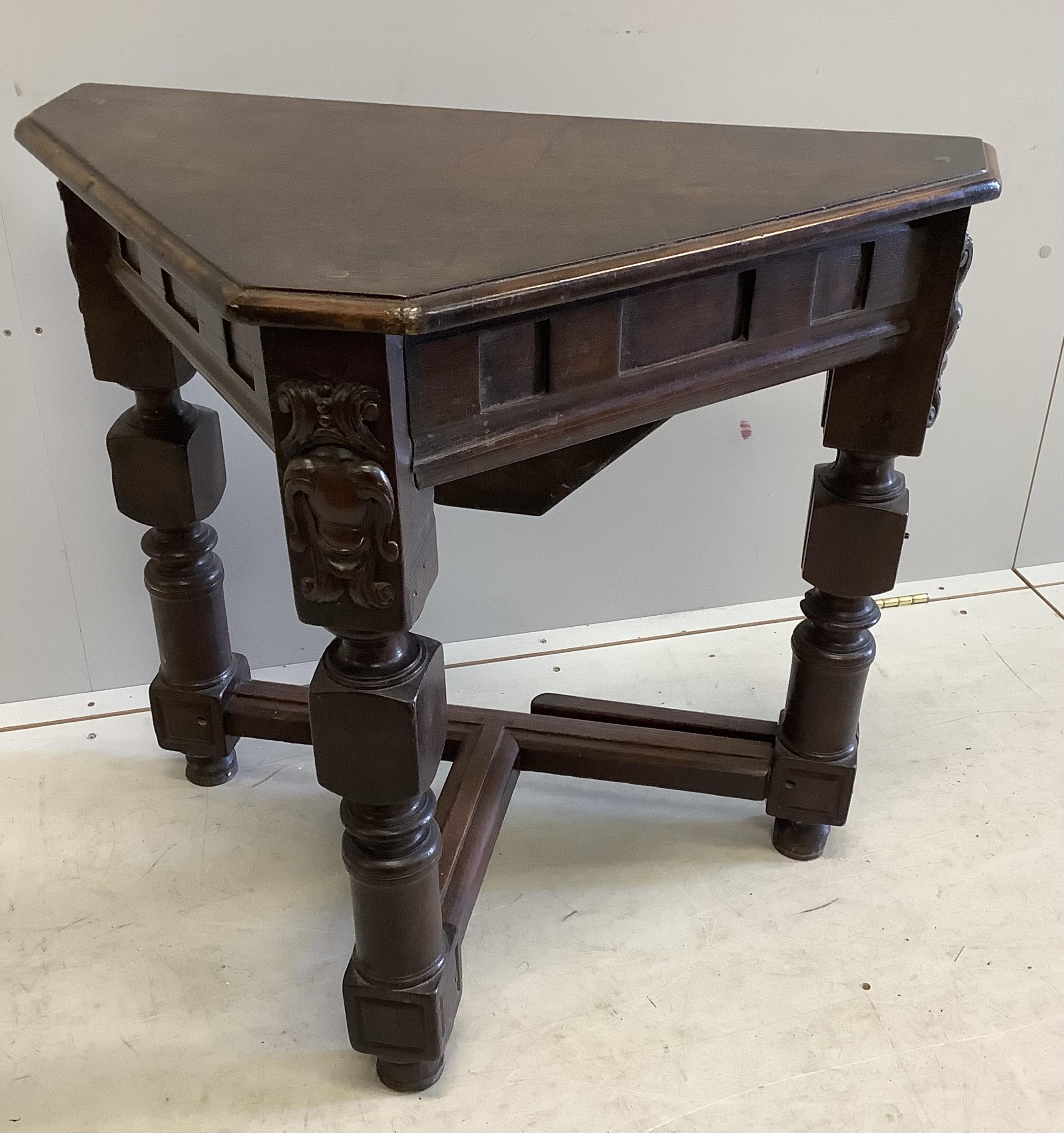 A credence style oak table, width 80cm, height 72cm. Condition - fair